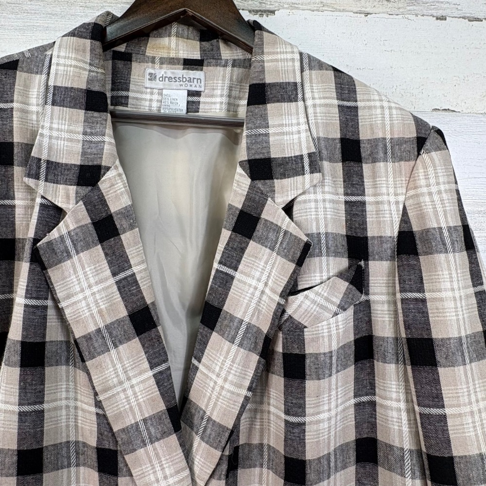 Dressbarn Woman‎ Vintage Plaid Linen Blend Blazer Beige Black White Size 24